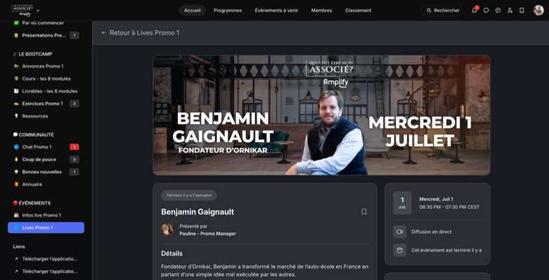 La page d'un live avec Benjamin Gaignault, fondateur d'Ornikar