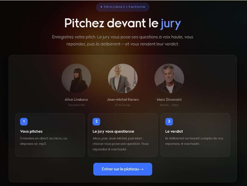 L'agent Pitch IA : pitchez devant le jury Alice Lhabouz, Jean-Michel Karam et Marc Simoncini