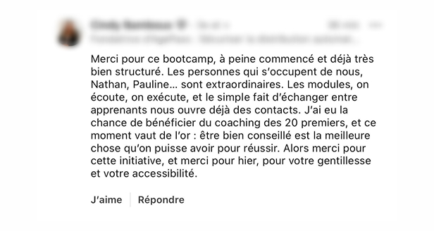 Avis d’un élève : bootcamp très bien structuré, coaching précieux