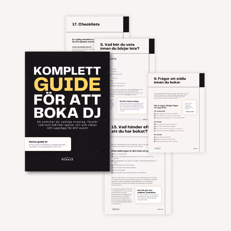 Showcase av sidor i Komplett Guide för att boka DJ av Event By Remaze