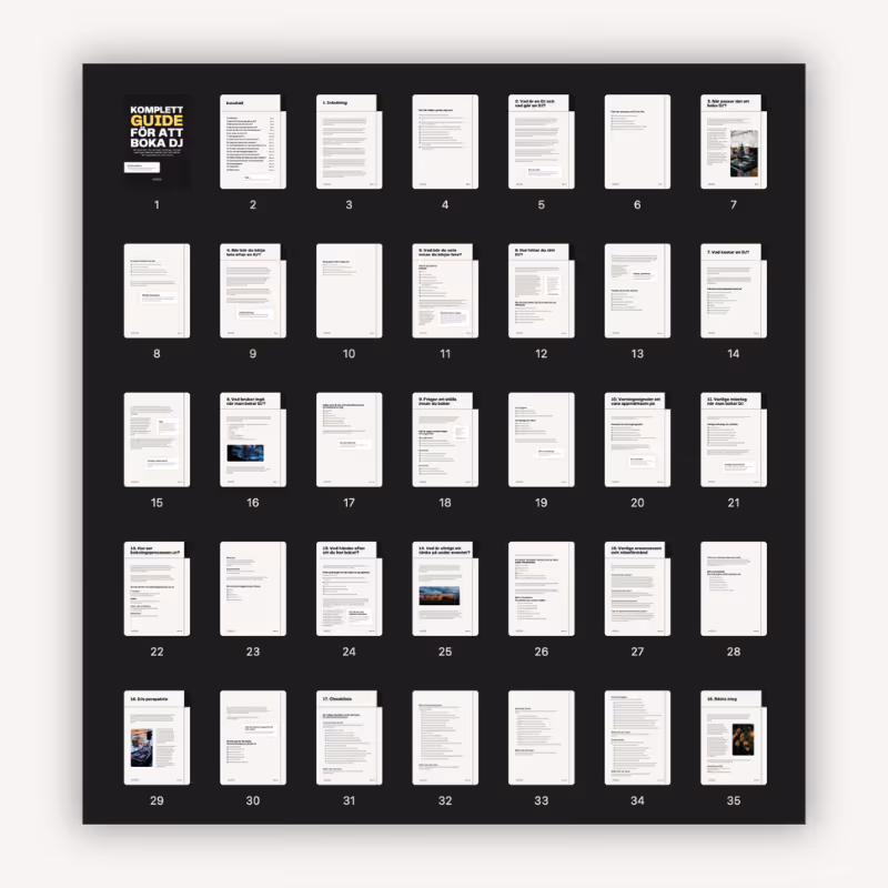 Showcase över alla 35 sidor i den Kompletta guiden för att boka DJ
