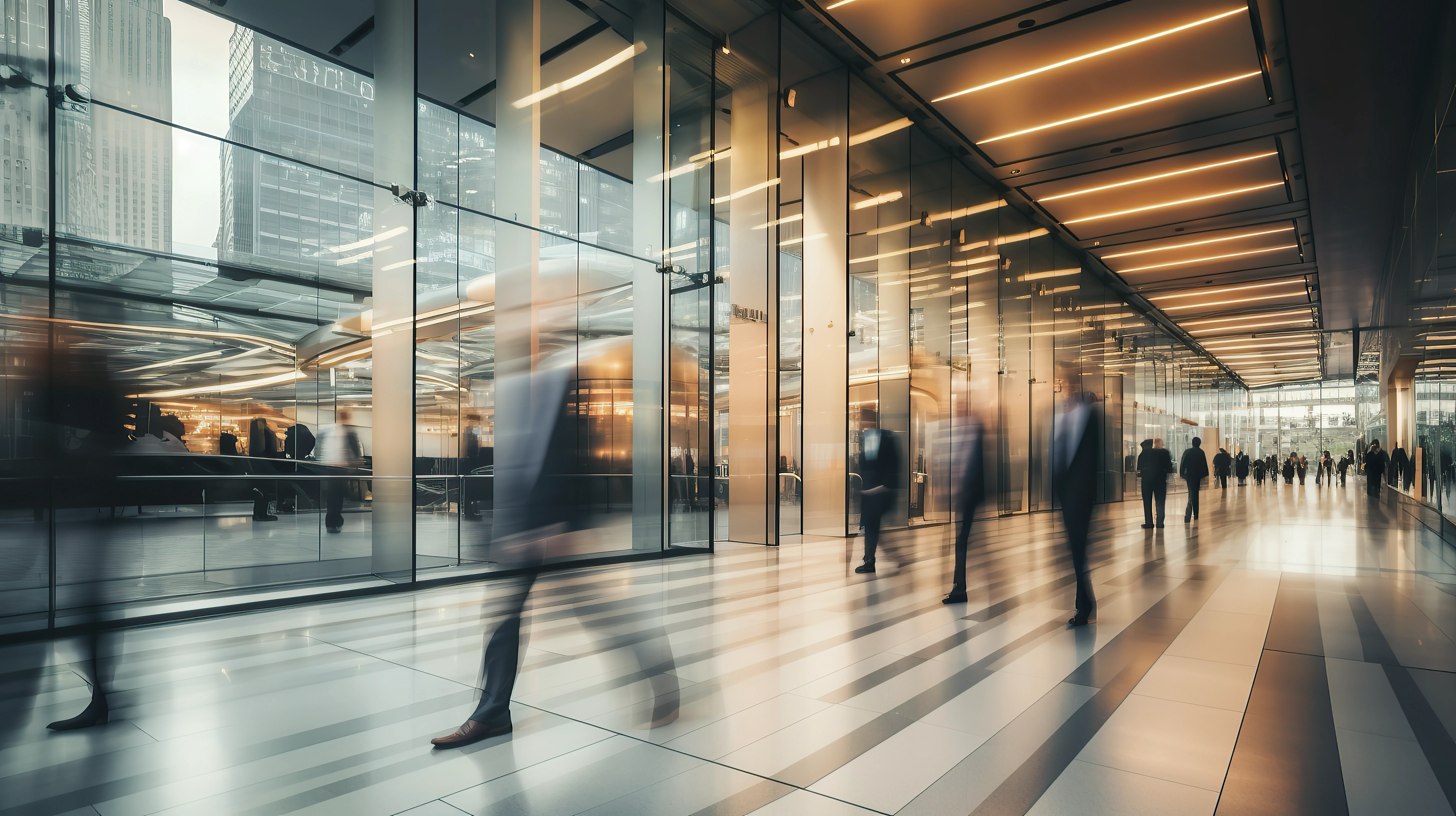 Menschen in Businesskleidung gehen durch einen modernen, gläsernen Gebäudekorridor mit beleuchteter Decke und reflektierendem Boden.
