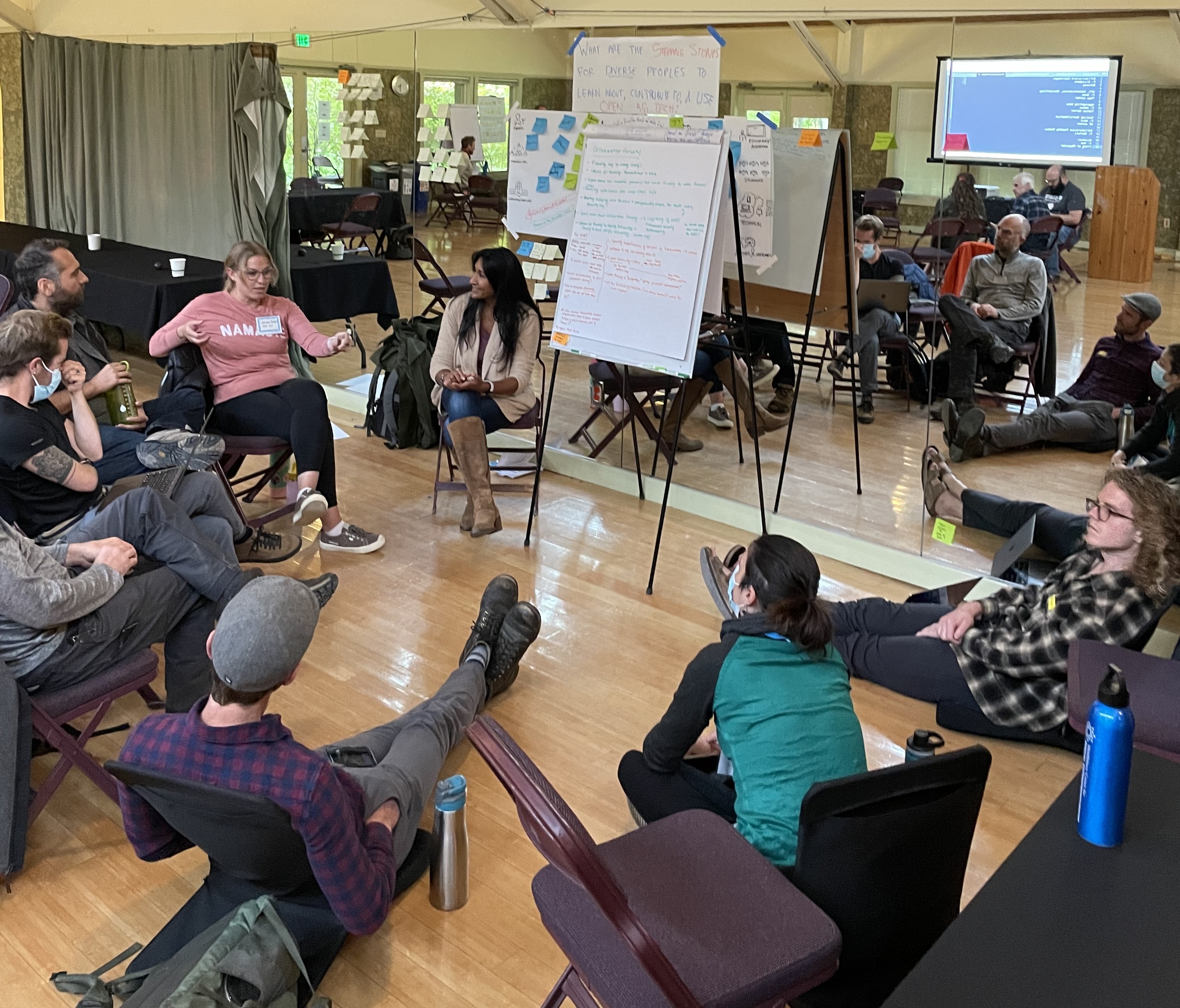Group of people sitting in a circle having a discussion in a room with large mirrors, whiteboards with notes, and a projector screen.