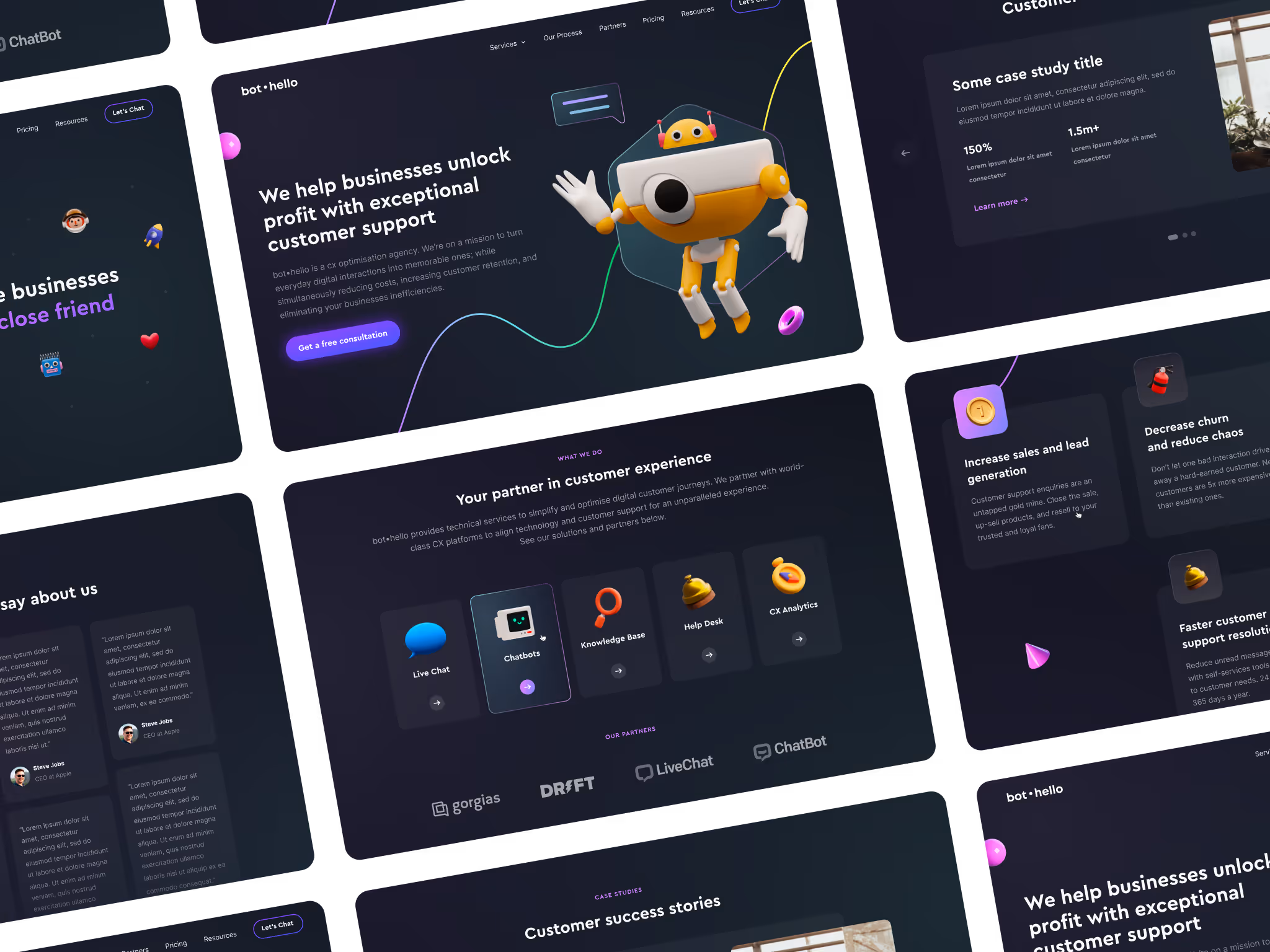 Open laptop displaying Bothello website with a 3D yellow and white robot illustration and text about customer support services.