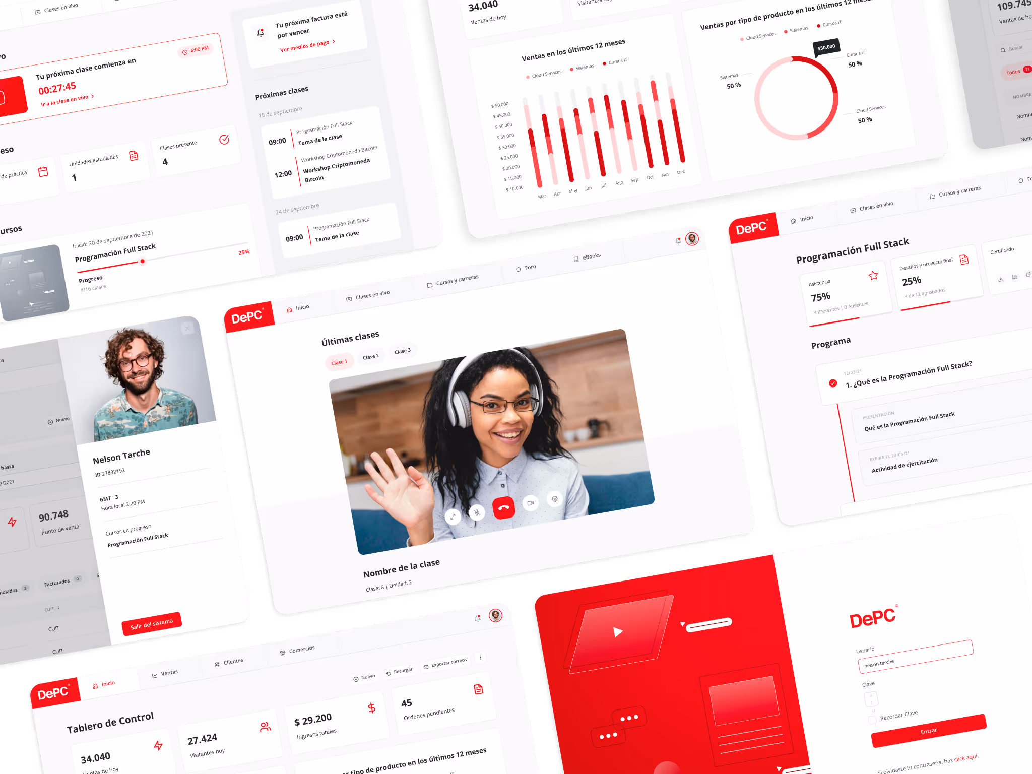 Collage of multiple screenshots from DePC app showing dashboards, video call with woman waving, user profile of Nelson Tarche, class progress, sales charts, and login screen.