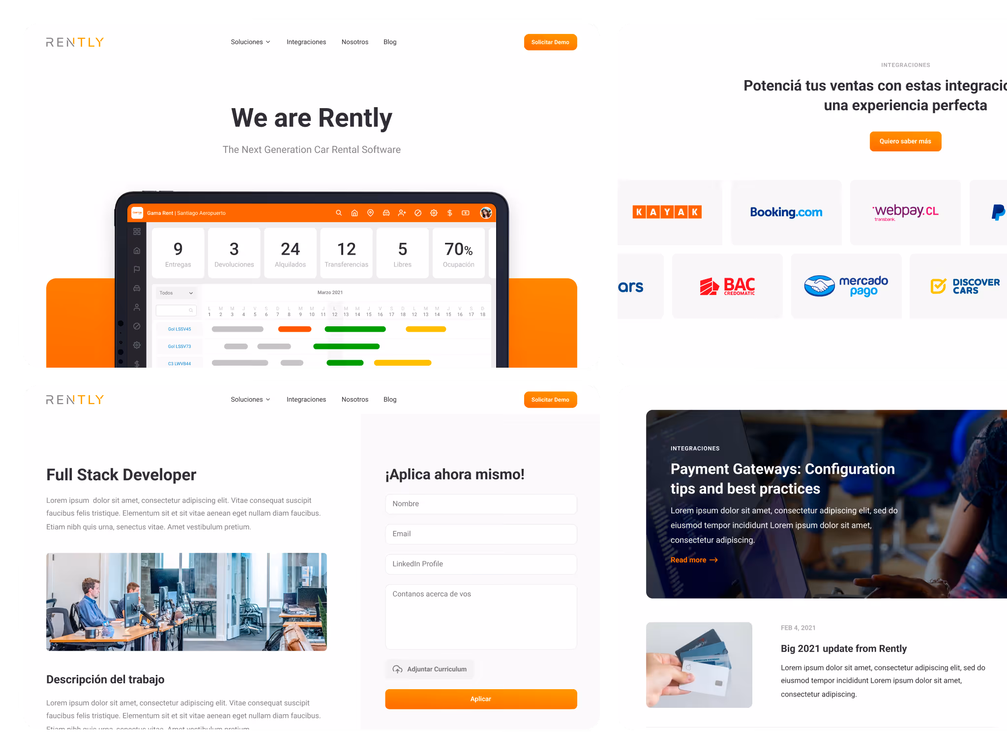 Rently car rental software homepage showing dashboard on a tablet, orange Nissan SUV, brand colors, and partner logos including Hertz and Sixt.