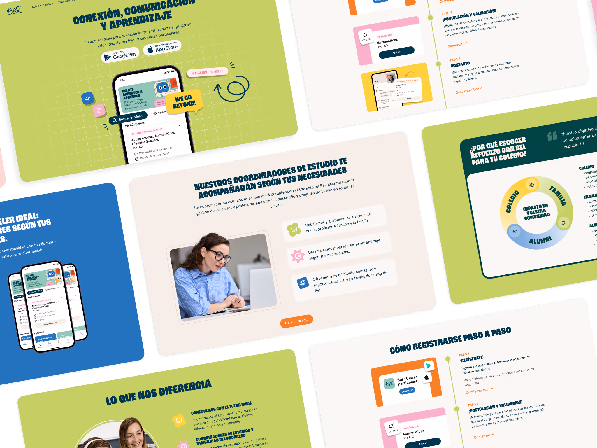 Mobile screens displaying a Spanish educational app with student summaries, area ratings with stars, general evaluations, summer suggestions, and options to view individual reports for the 2023-2024 school year.