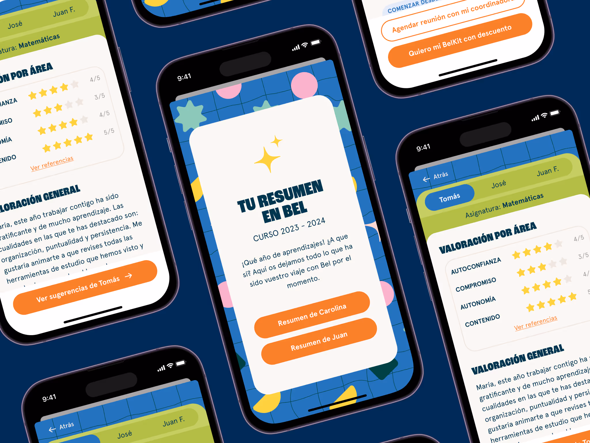 Bel Summary educational app with student evaluations, ratings by area, and summary buttons.