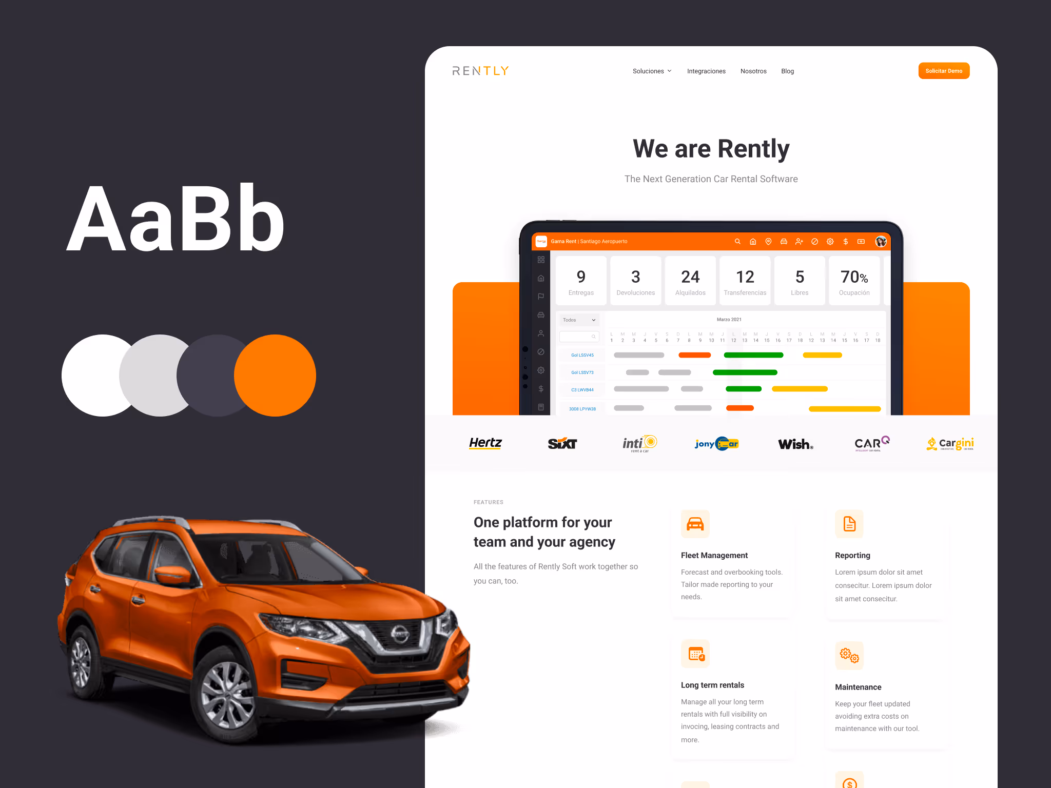 Car rental software interface displayed on a tablet with an orange SUV in front, brand logos beneath, and text highlighting fleet management and reporting features.