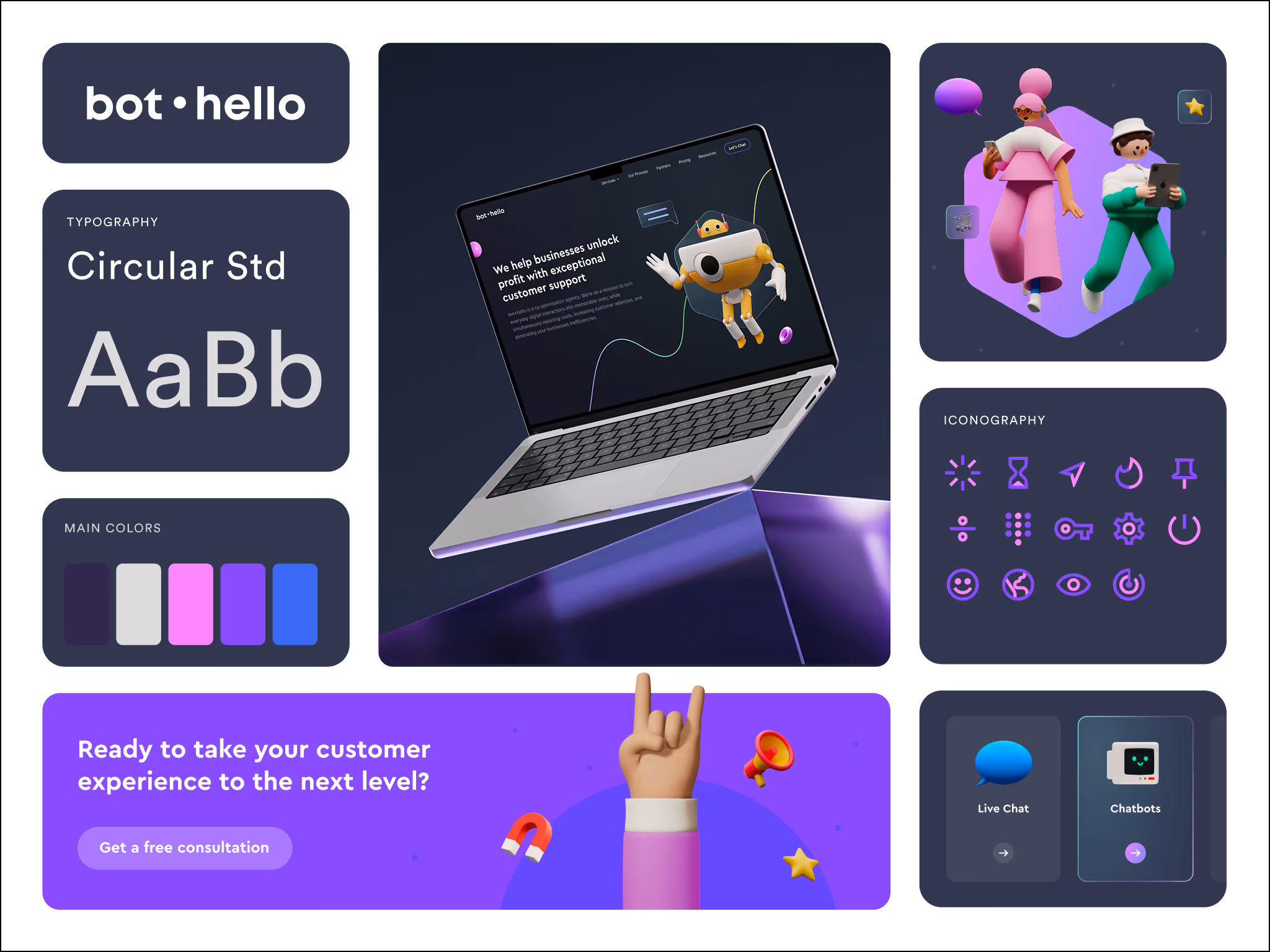 Open laptop displaying Bothello website with a 3D yellow and white robot illustration and text about customer support services.