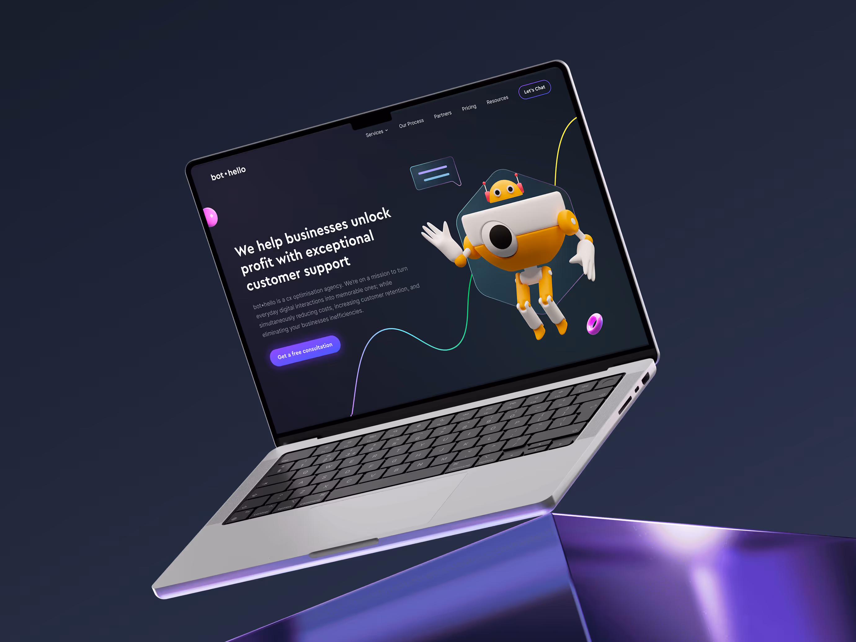 Open laptop displaying Bothello website with a 3D yellow and white robot illustration and text about customer support services.