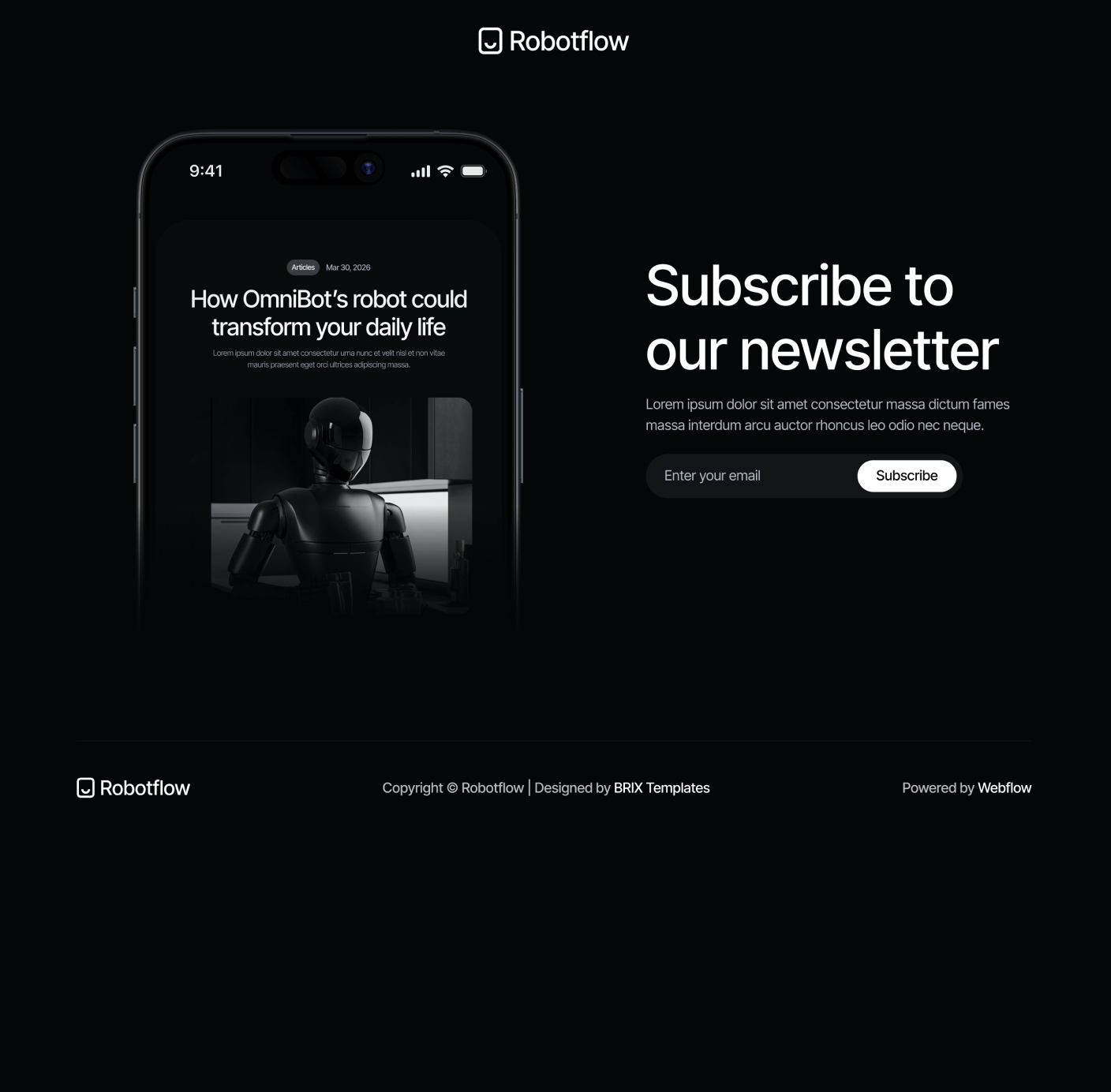 Robotflow Newsletter Main Page Robot Webflow Template | BRIX Template

