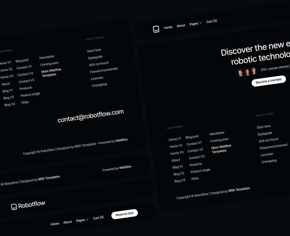 Robotflow 3 Headers Footers Robot Webflow Template | BRIX Template

