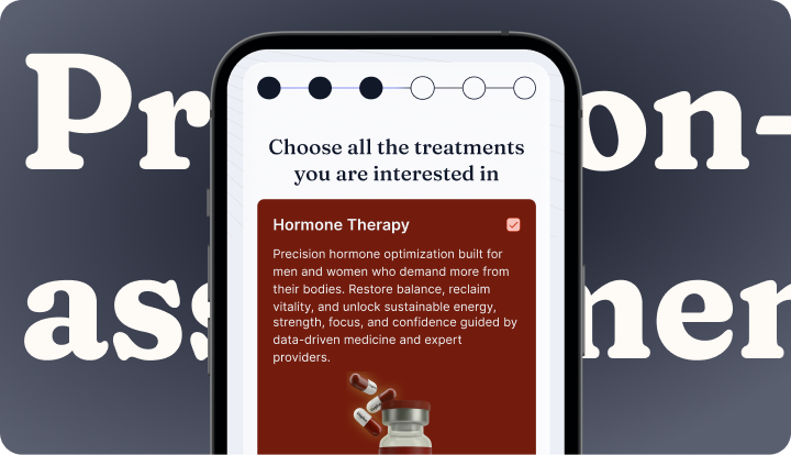Mobile screen showing a hormone therapy treatment option with description and a progress bar indicating several steps in a selection process.