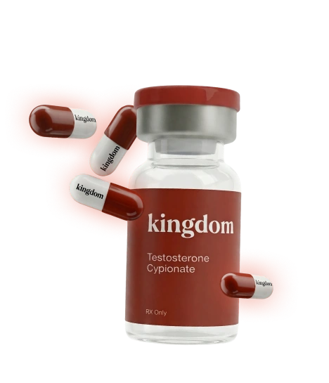 Vial of kingdom Testosterone Cypionate with red and white capsules labeled kingdom floating around it.
