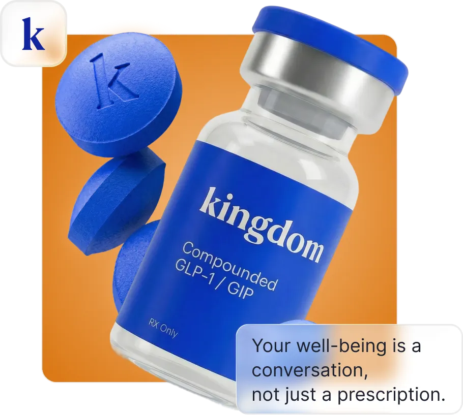 Blue pill tablets next to a vial labeled 'kingdom compounded GLP-1 / GIP' on an orange background with text saying 'Your well-being is a conversation, not just a prescription.'