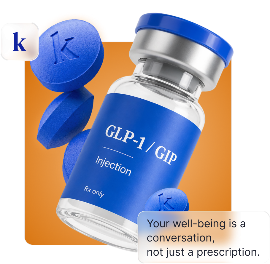 Blue pill tablets next to a vial labeled 'kingdom compounded GLP-1 / GIP' on an orange background with text saying 'Your well-being is a conversation, not just a prescription.'