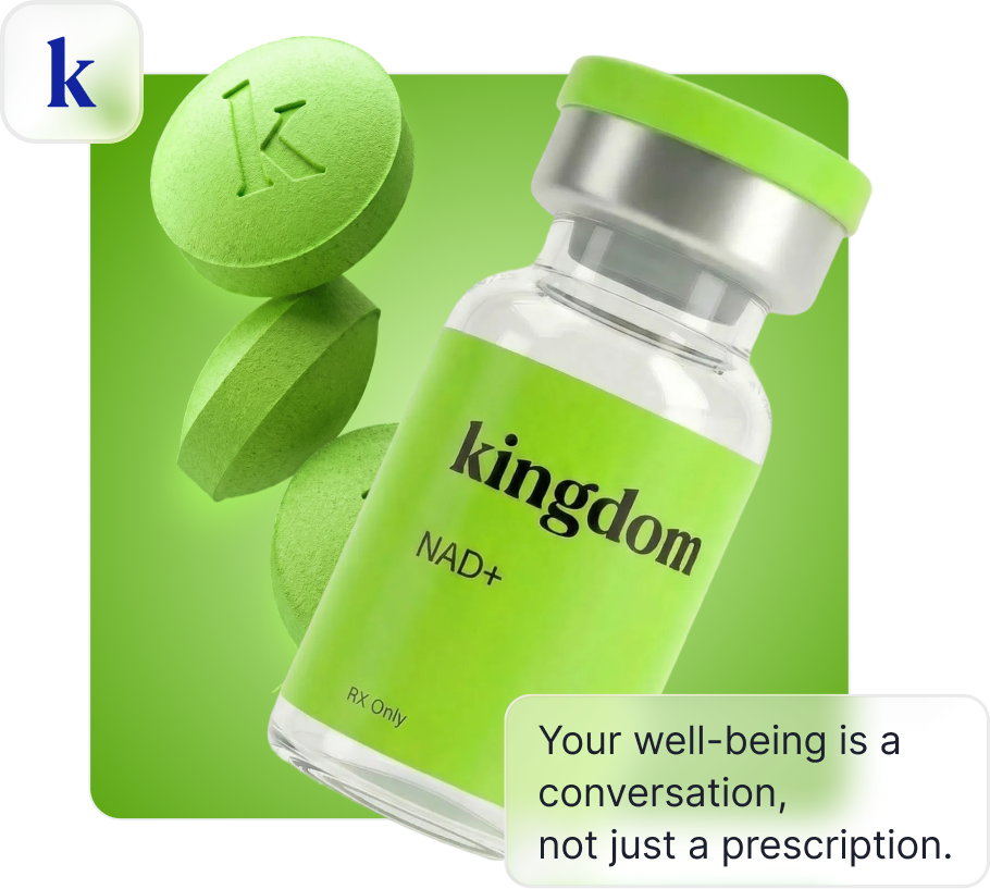 Green tablets with a letter 'k' and a vial labeled 'kingdom NAD+ RX Only' on a green background, with text saying 'Your well-being is a conversation, not just a prescription.'
