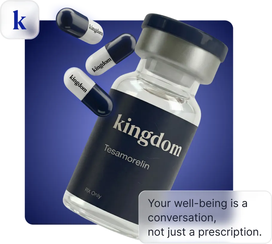 A bottle labeled 'kingdom Tesamorelin RX Only' with three blue and white capsules also labeled 'kingdom' on a blue background with the text 'Your well-being is a conversation, not just a prescription.'