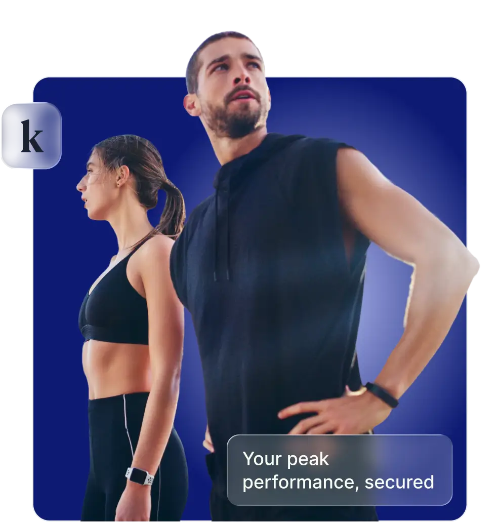 Fit man and woman in athletic clothing looking focused with text reading 'Your peak performance, secured.'