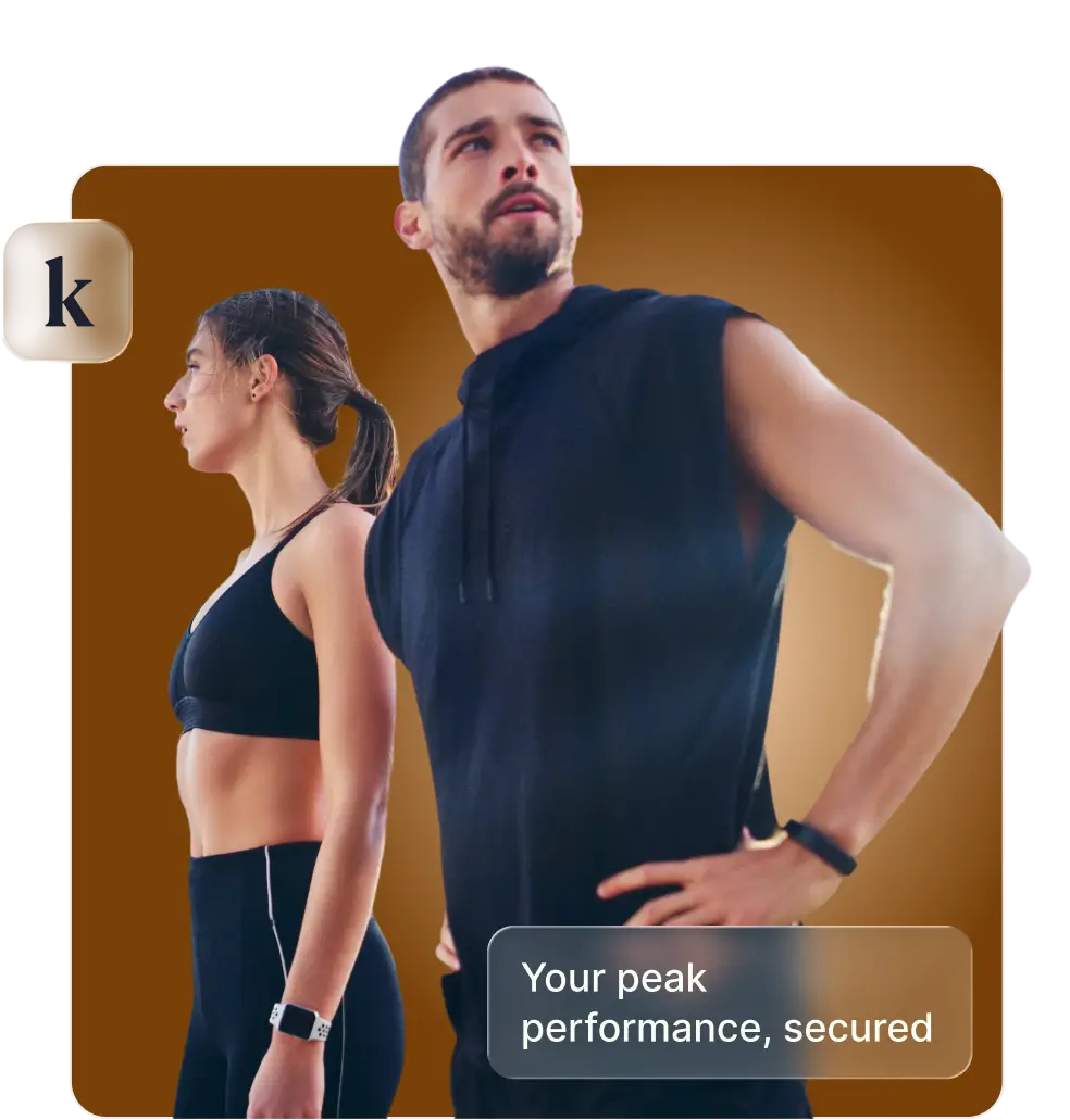 Fit man and woman in athletic wear standing confidently against a brown background with text 'Your peak performance, secured.'