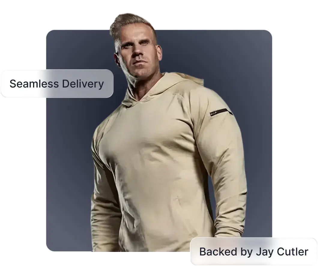 Muscular man wearing beige hoodie looking determined, with text overlays 'Seamless Delivery' and 'Backed by Jay Cutler'.
