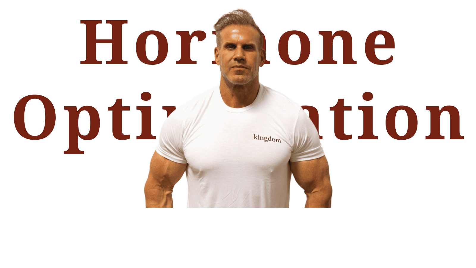 Muscular man wearing a black quarter-zip shirt standing in front of large text that reads 'Hormone optimization'.