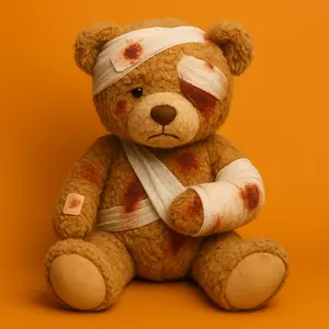 Teddy bear with significant vehicle accident injuries