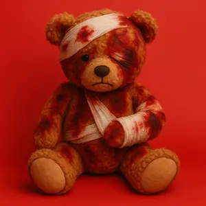 Teddy bear with severe vehicle accident injuries