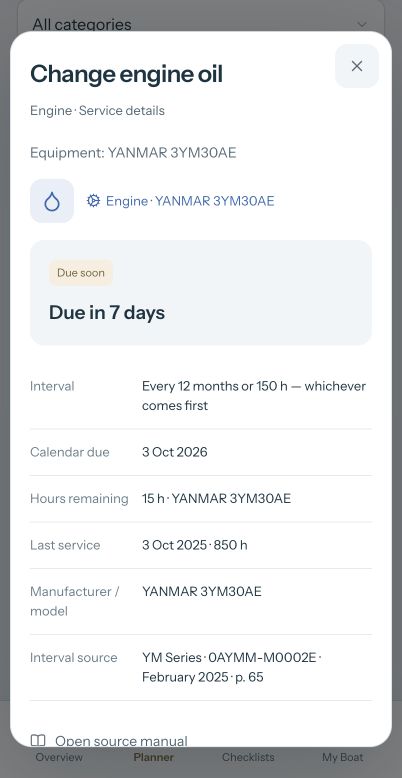 Engine oil service: due in seven days, fifteen hours remaining