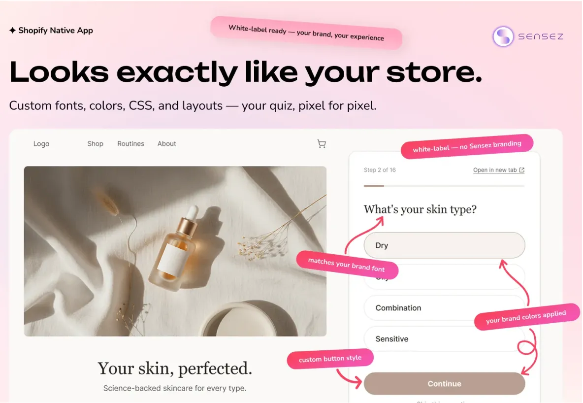 Custom-branded product recommendation quiz for a Shopify store