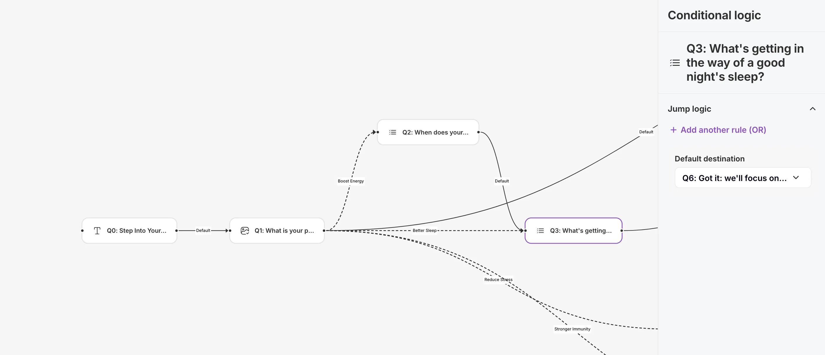 Custom quiz logic connecting customer answers to different paths