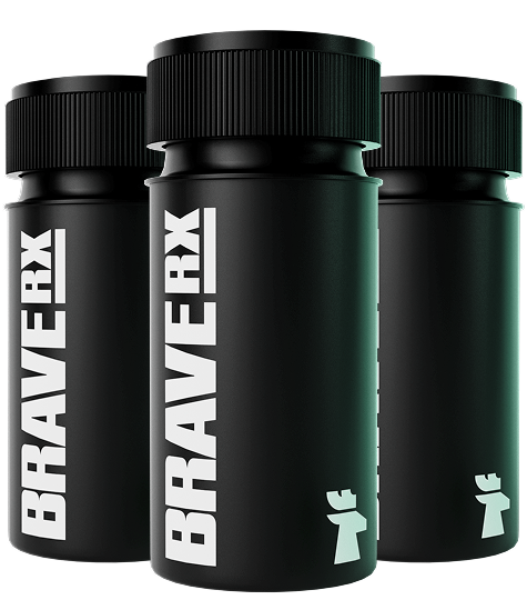 Three black medication bottles with BraveRx branding and a stylized fist logo, arranged in a triangular formation.