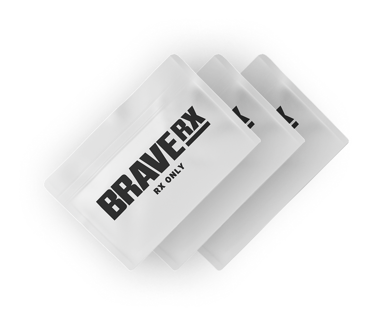 Three white packets labeled BRAVERX ONLY stacked overlapping on a black background.