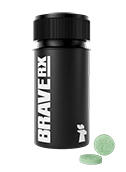 Black BraveRX medication bottle with white text and two green tablets beside it.