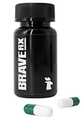 Black BraveRX medication bottle with pills lying beside it.