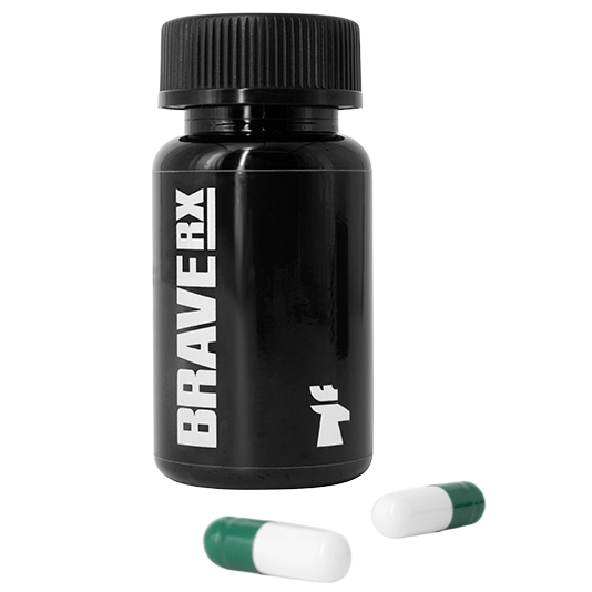 Black bottle labeled BraveRX with two green and white capsules next to it.