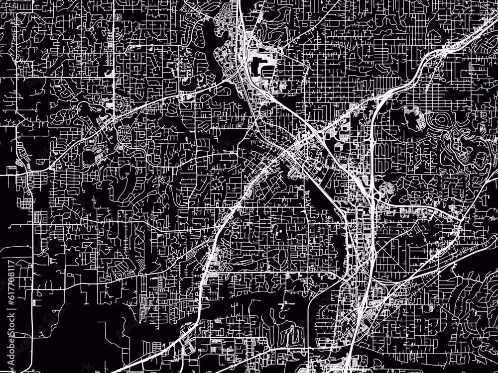 Detailed black and white street map showing roads and highways in an urban area.