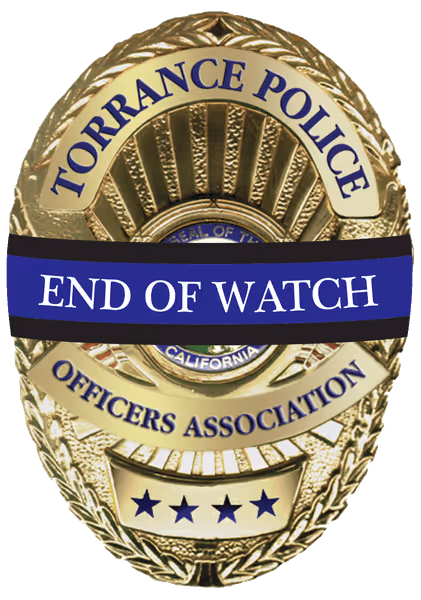 Gold police badge with blue banner reading 'END OF WATCH,' labeled Torrance Police Officers Association.