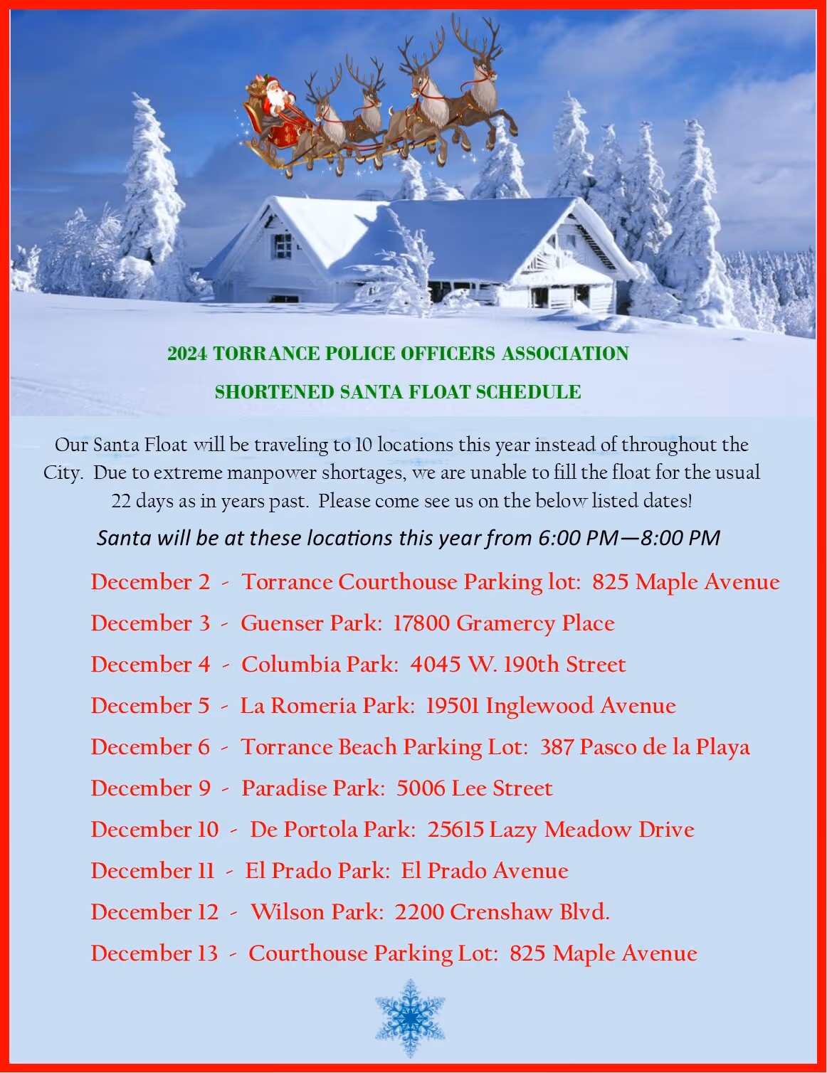 2024 Torrance Police Officers Association Santa Float Schedule with dates and locations listed, featuring a snowy house background and Santa in a sleigh with reindeer at the top.