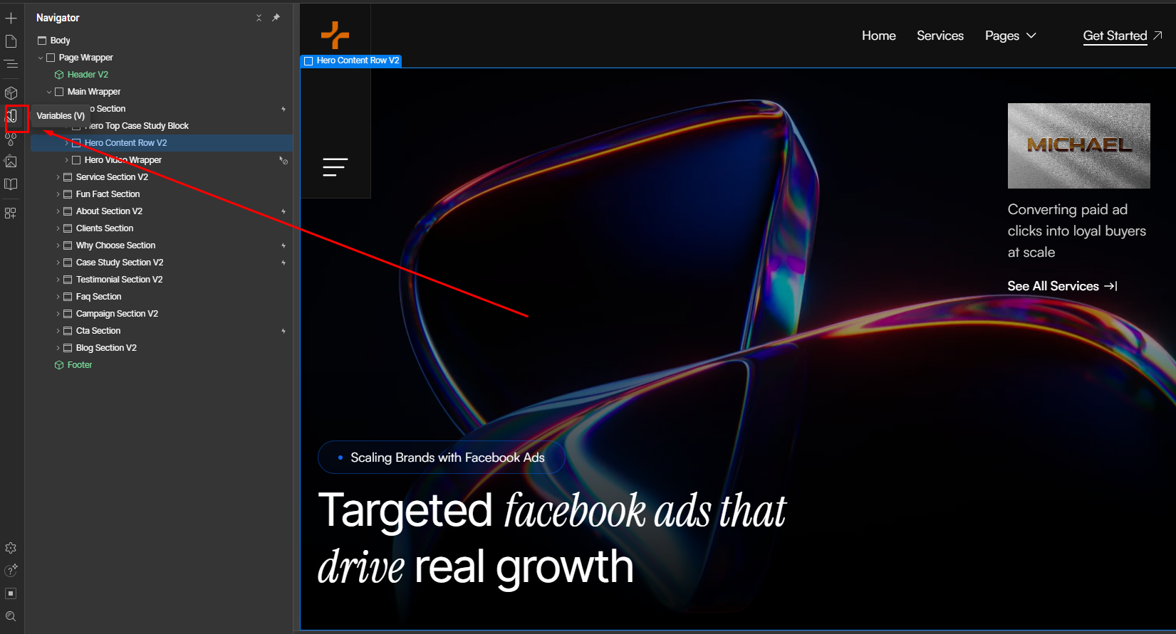 Website builder interface showing page navigator on left and a dark-themed hero section with abstract shapes and text about targeted Facebook ads driving real growth.