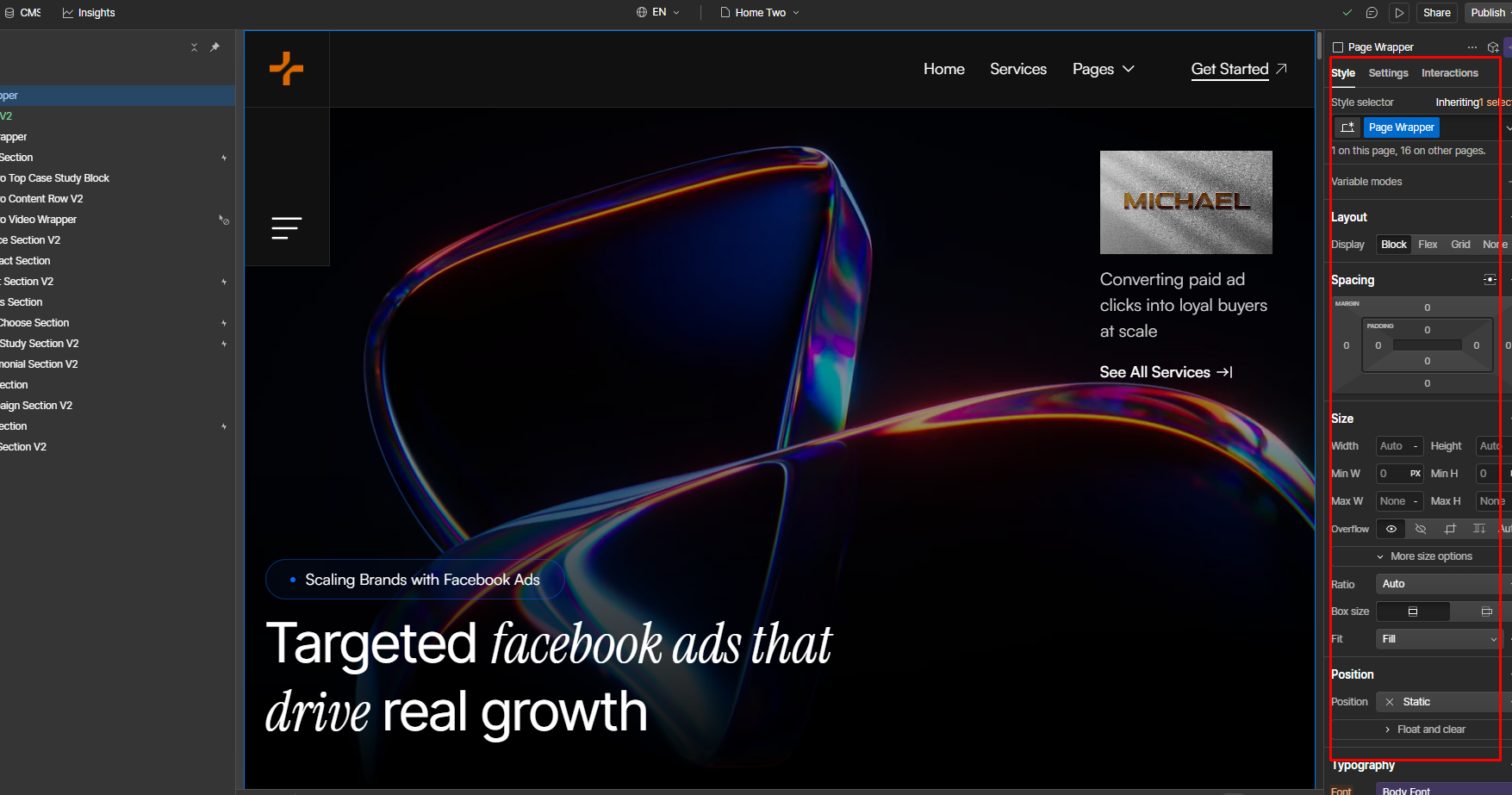 Web design interface showing a dark-themed page with the heading 'Targeted facebook ads that drive real growth' and a style panel on the right.