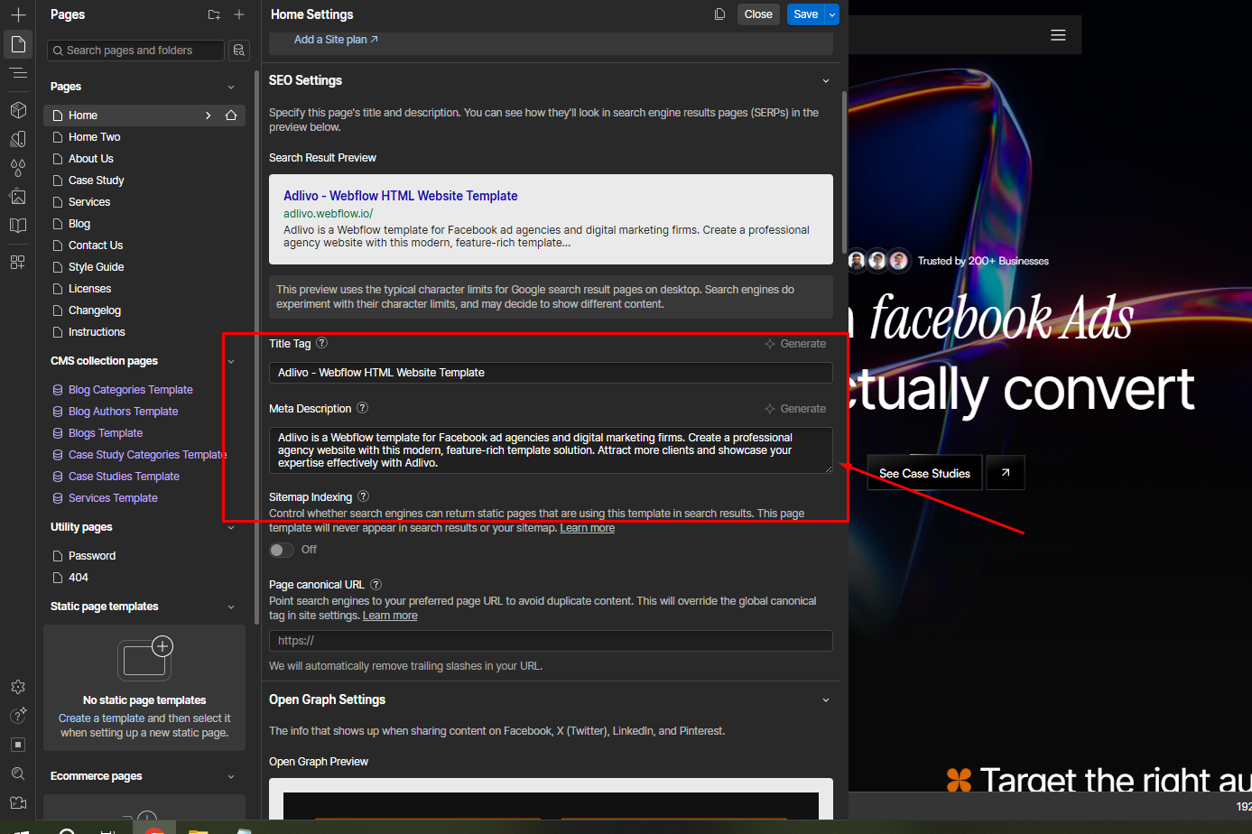 Webflow CMS interface showing SEO settings with title tag, meta description, sitemap indexing, and canonical URL options for a marketing template.