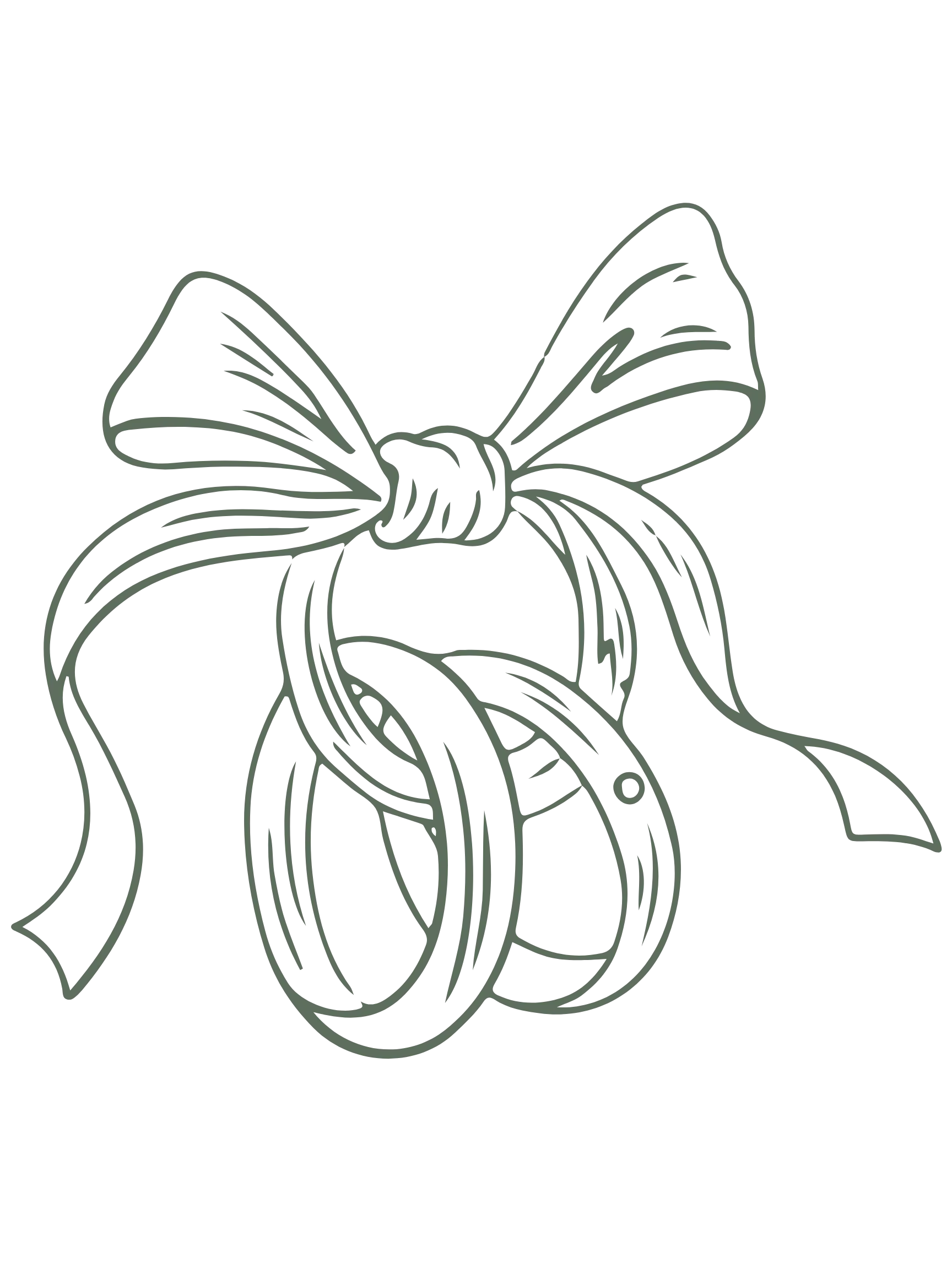 Two wedding rings tied together with a ribbon bow.