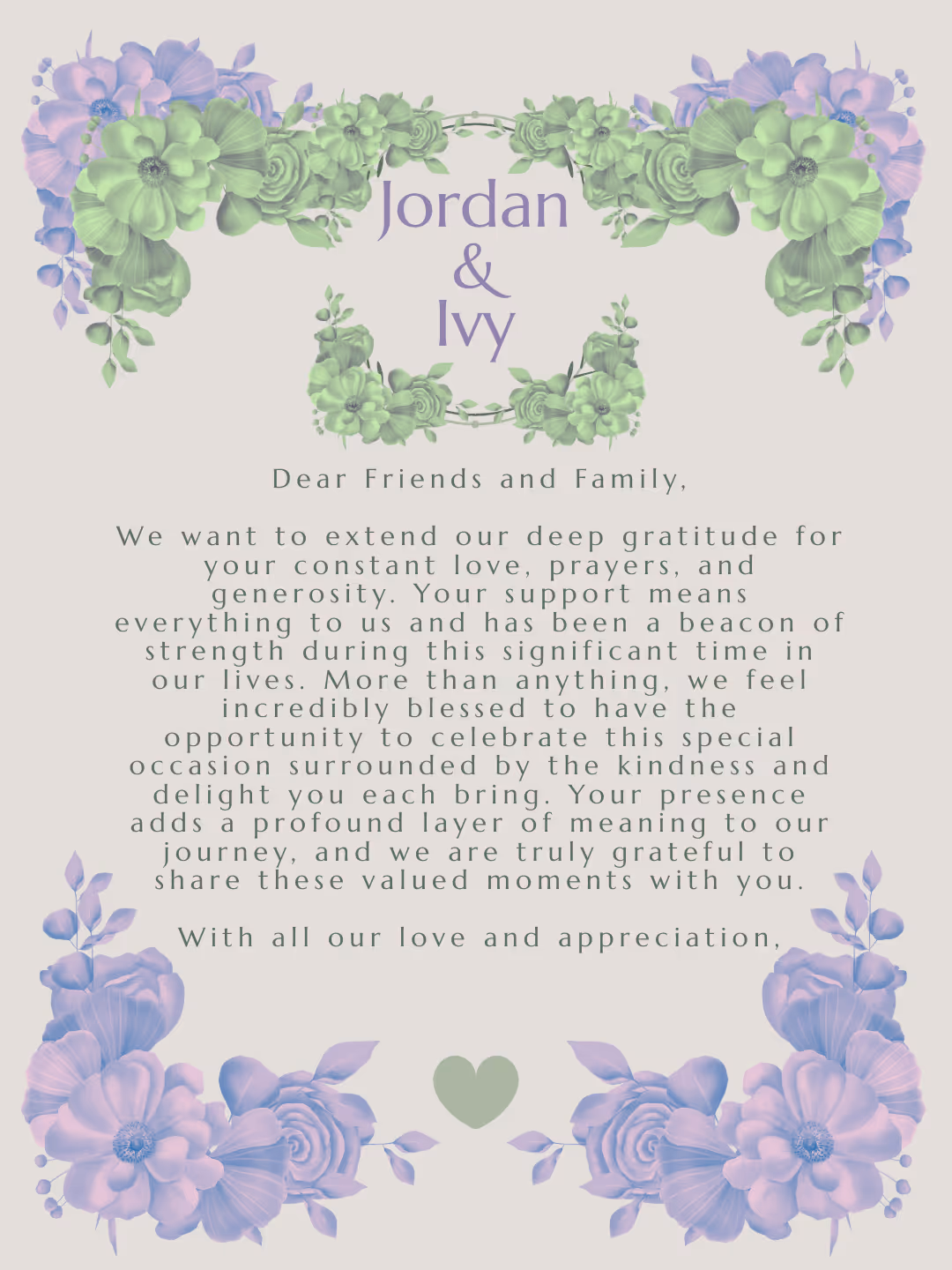 Thank you letter from Jordan and Ivy with green and purple floral border and heartfelt gratitude message.