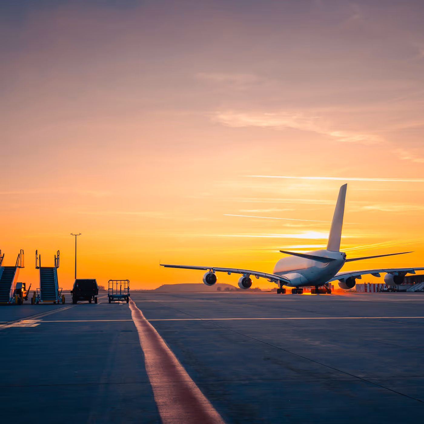 Large airplane parked on runway at airport during colorful sunset with boarding stairs nearby.
