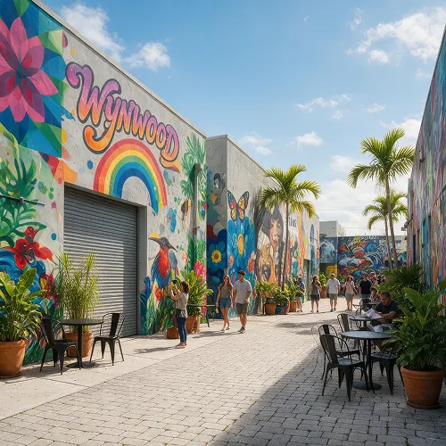 Outdoor walkway in Wynwood with colorful murals, palm trees, and people walking and sitting at tables.
