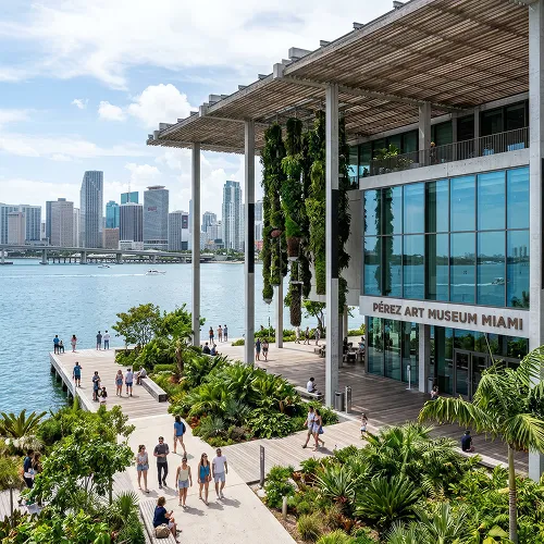 People walking around Pérez Art Museum Miami near waterfront with city skyline and blue sky.
