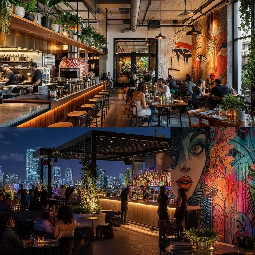 Two views of a trendy Miami bar and kitchen: day with indoor seating and night rooftop with city skyline.
