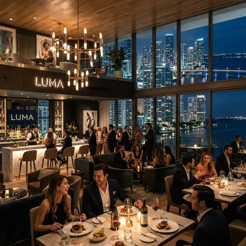 Upscale dining restaurant with city skyline views through large windows at night, patrons enjoying meals and drinks.